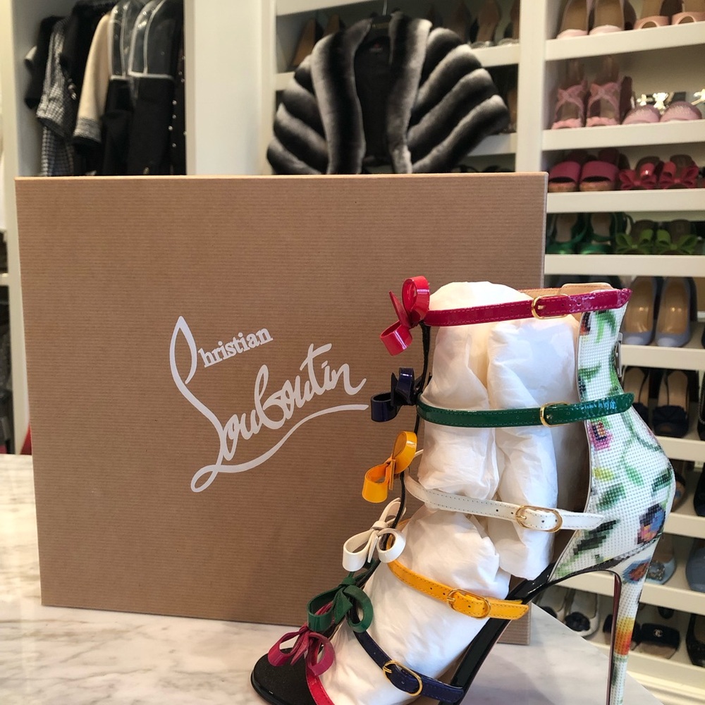 New Christian Louboutin Girlistrappi Leather Multi Color Bows Sandals Heels 40 - Picture 2 of 7